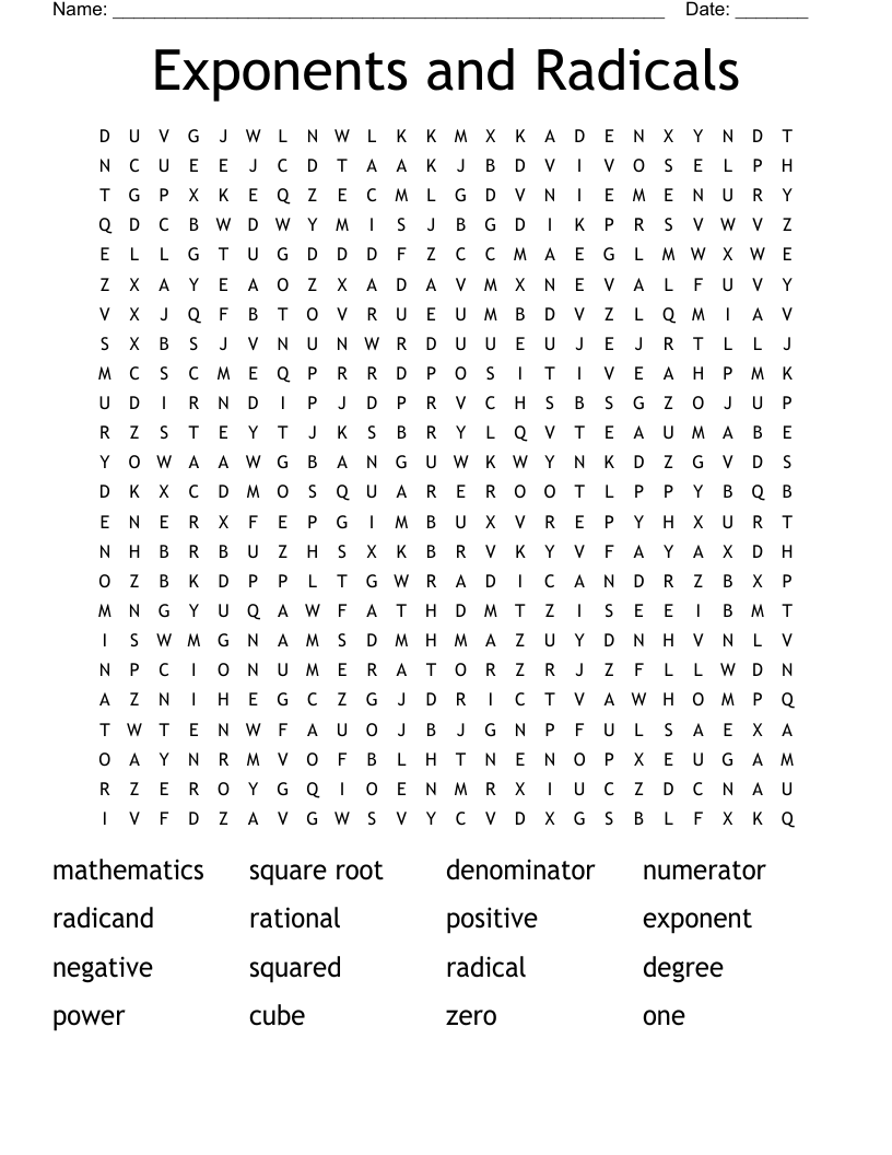 Exponents and Radicals  Word Search