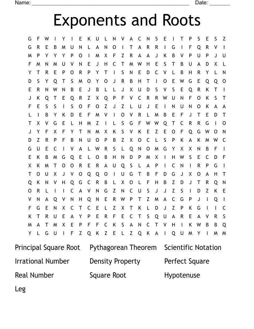Exponents and Roots Word Search