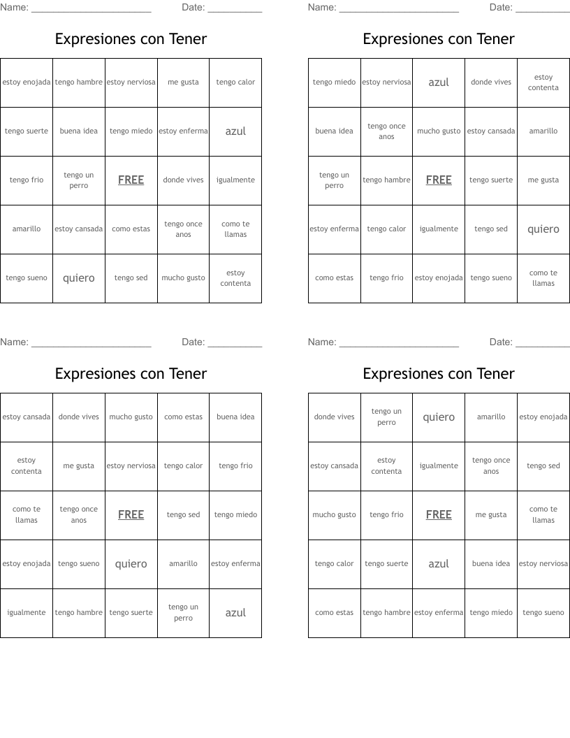 Expresiones con Tener Bingo Cards