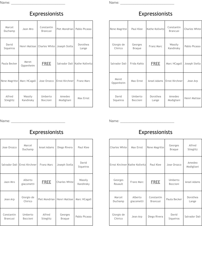 Expressionists Bingo Cards