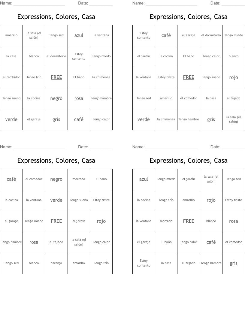Expressions, Colores, Casa Bingo Cards