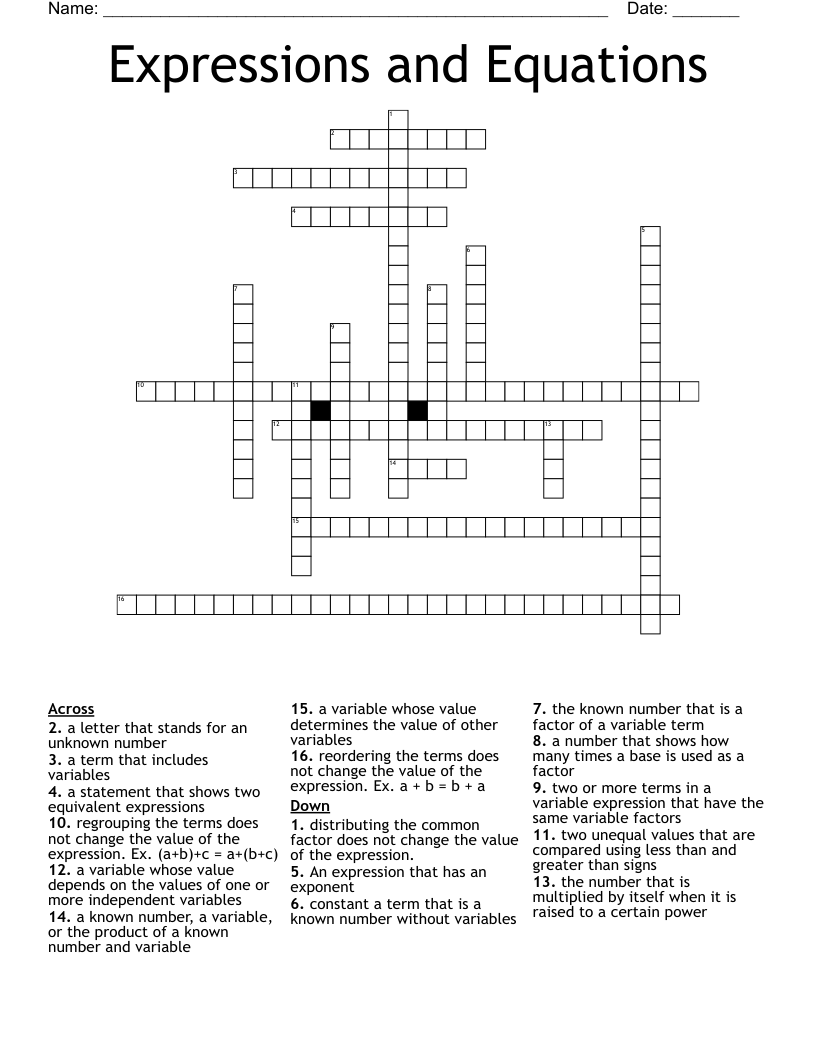 Expressions and Equations Crossword