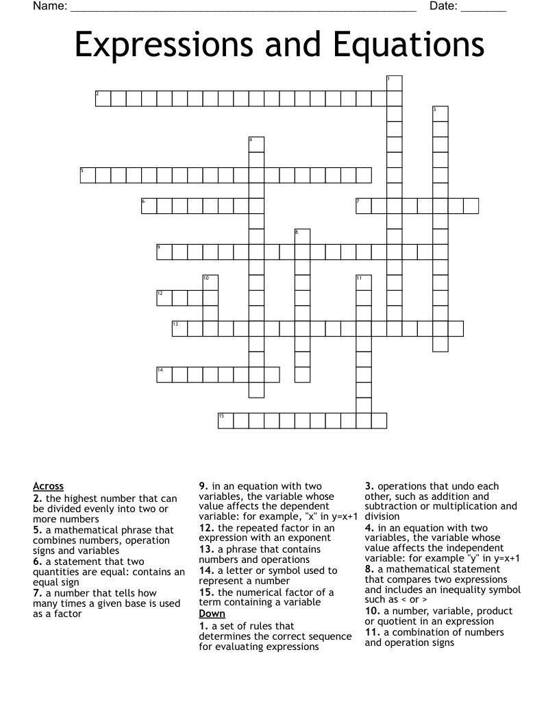 Expressions and Equations Crossword