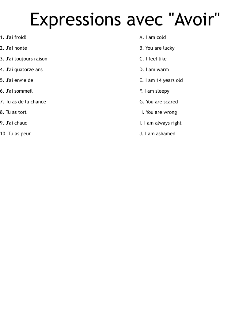 Expressions avec "Avoir" Worksheet