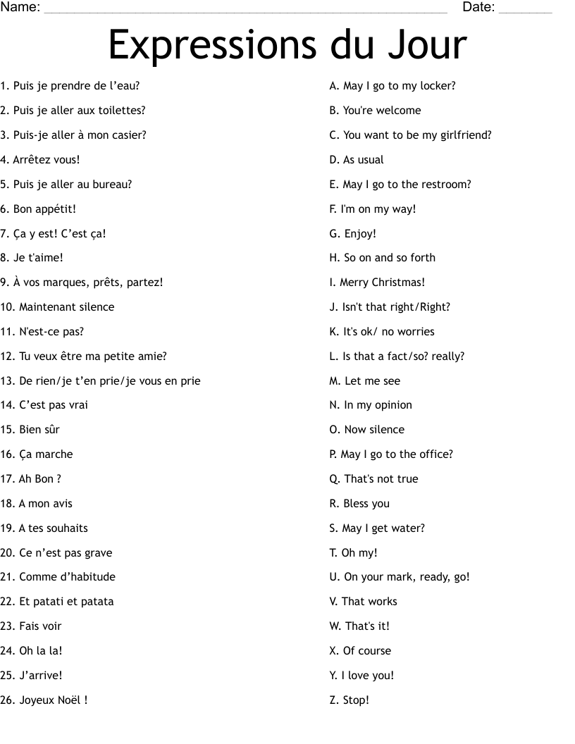 Expressions du Jour Worksheet