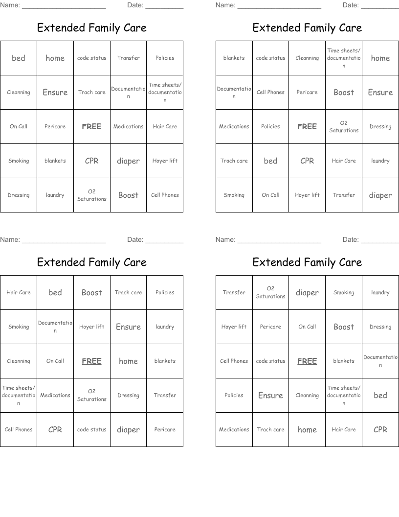 Extended Family Care Bingo Cards