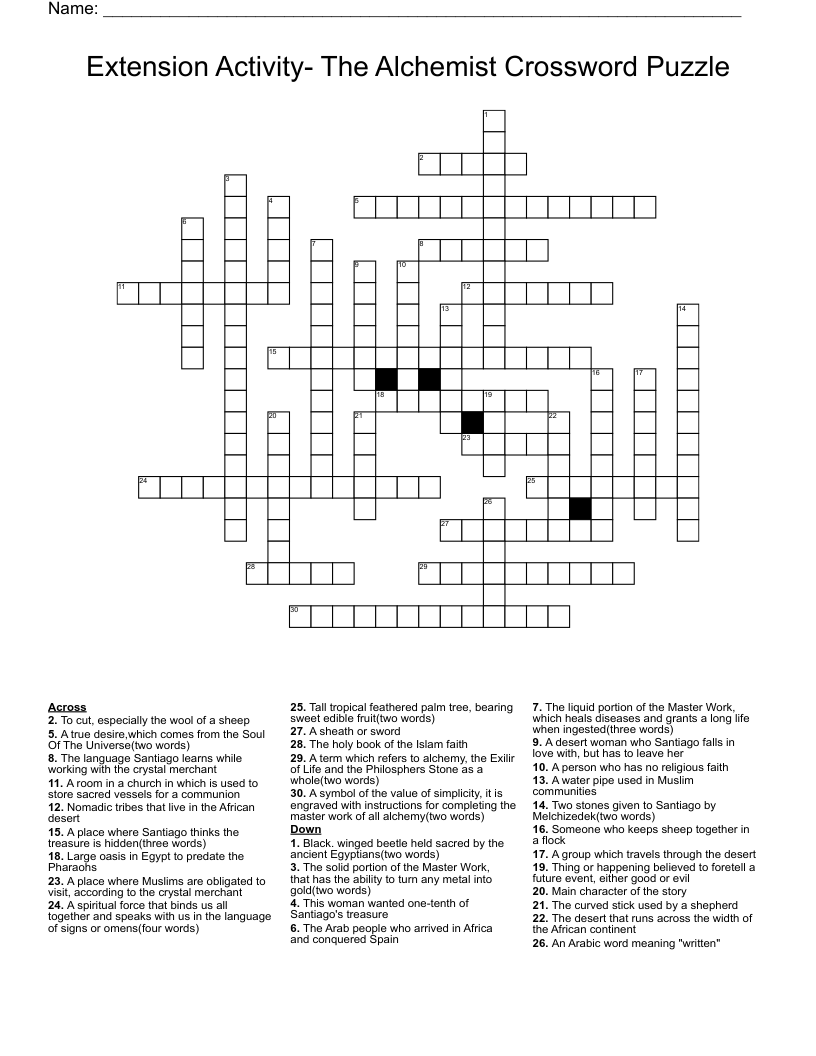 Extension Activity- The Alchemist Crossword Puzzle