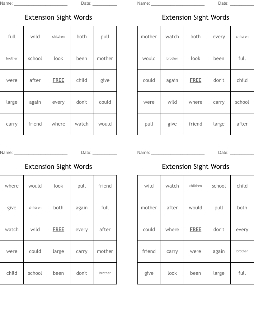 Extension Sight Words Bingo Cards