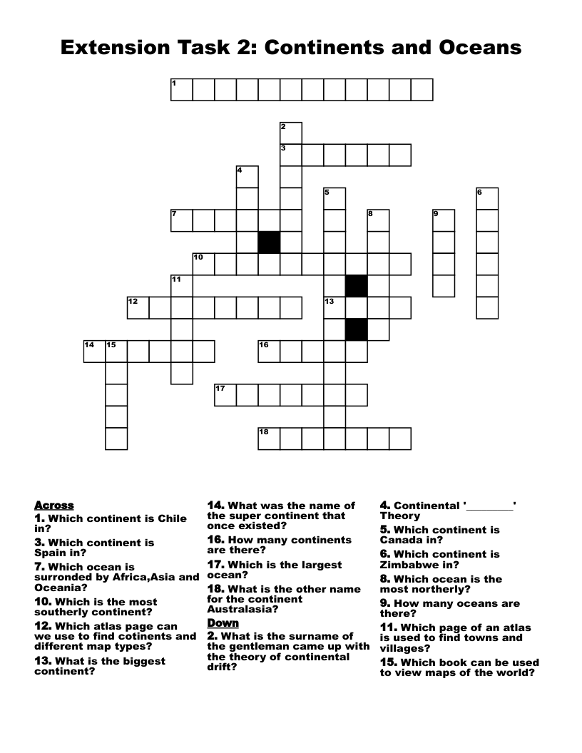 Extension Task 2: Continents and Oceans Crossword