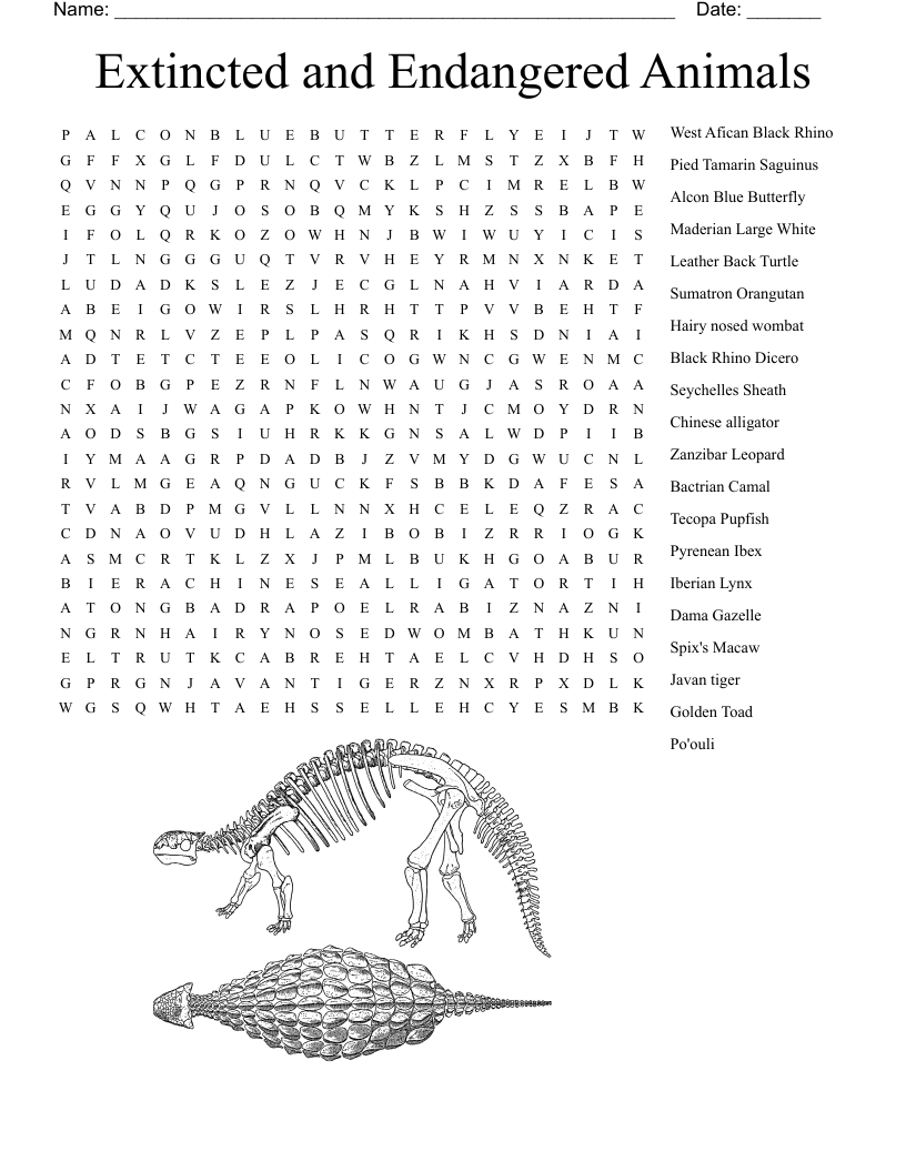 Extincted and Endangered Animals Word Search
