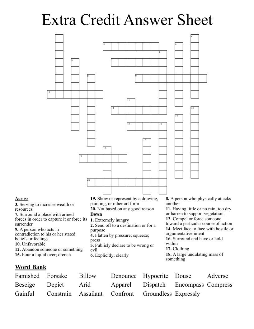 Extra Credit Answer Sheet Crossword