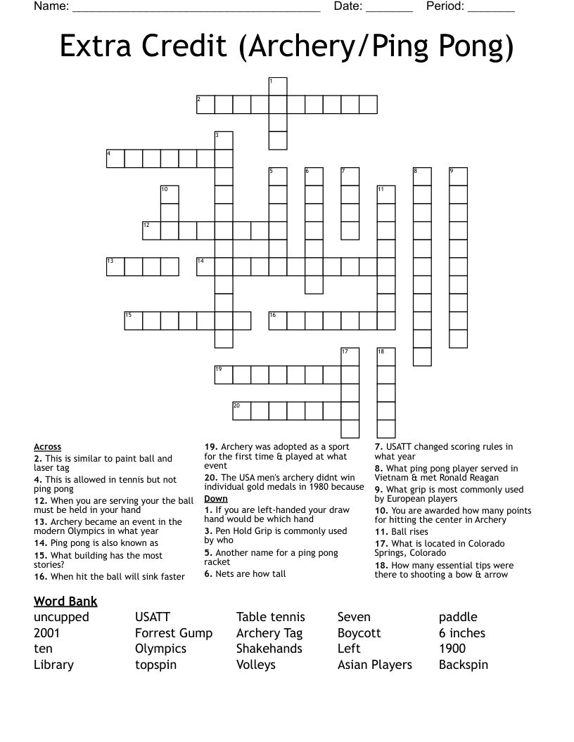 Extra Credit (Archery/Ping Pong) Crossword