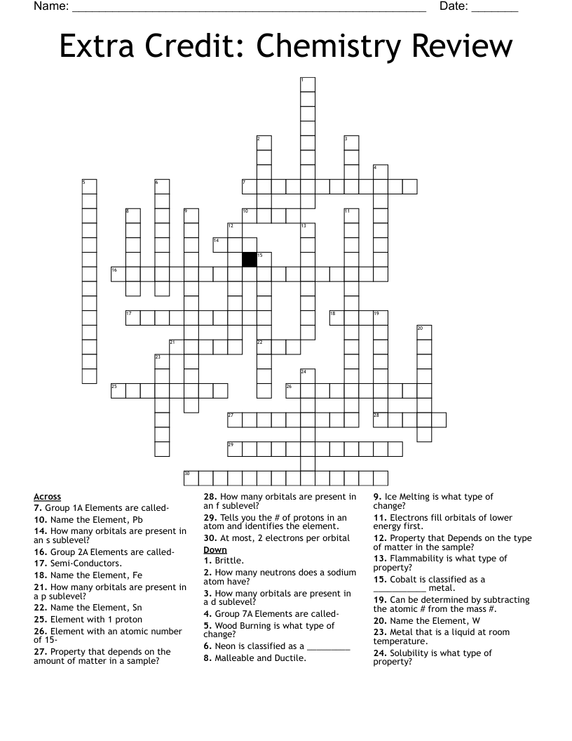 Extra Credit: Chemistry Review Crossword