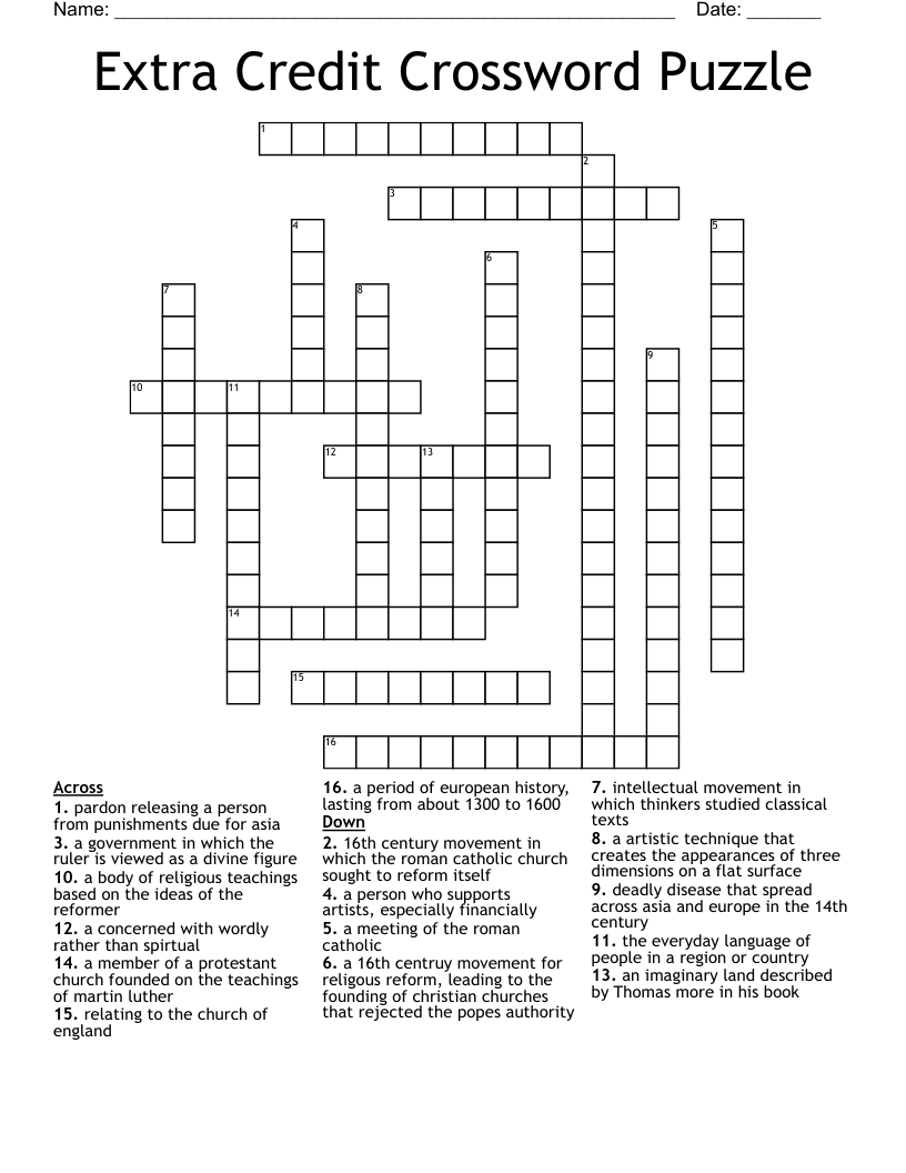 Extra Credit Crossword Puzzle
