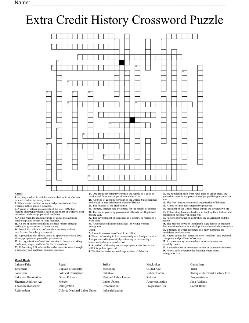 Extra Credit History Crossword Puzzle