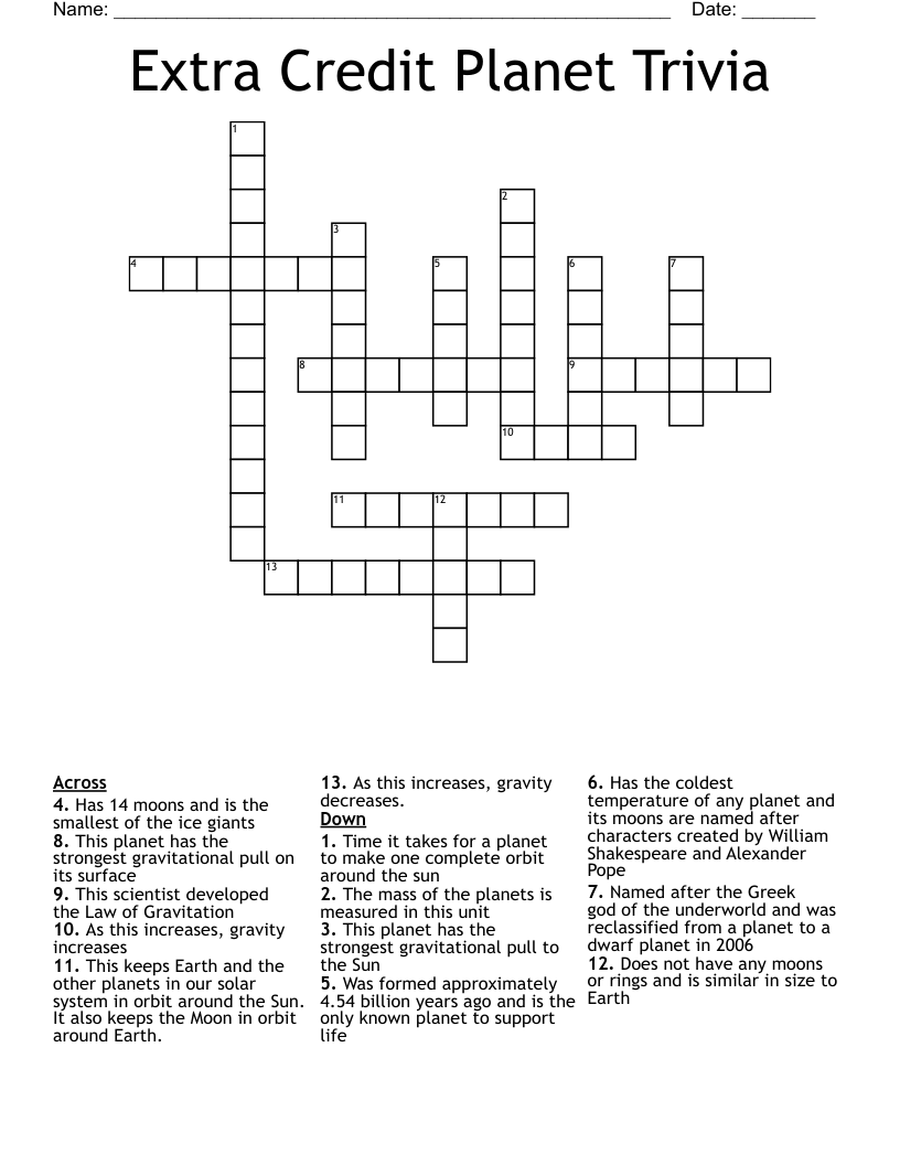 Extra Credit Planet Trivia Crossword
