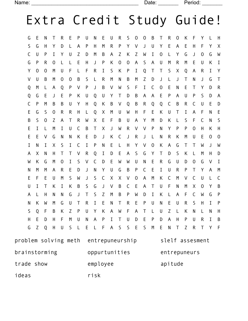Extra Credit Study Guide! Word Search
