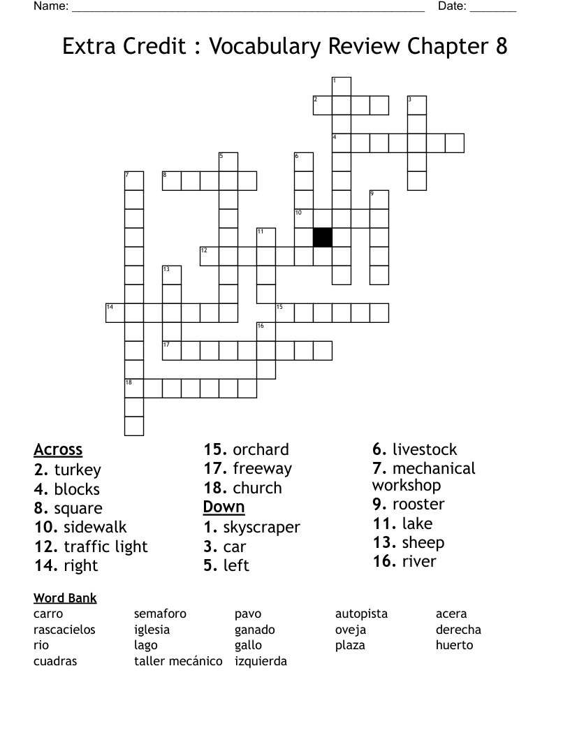 Extra Credit : Vocabulary Review Chapter 8  Crossword
