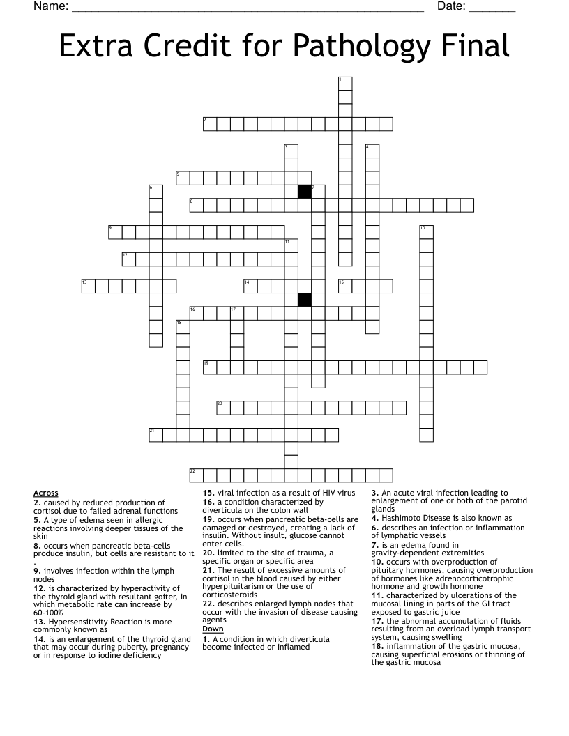 Extra Credit for Pathology Final Crossword