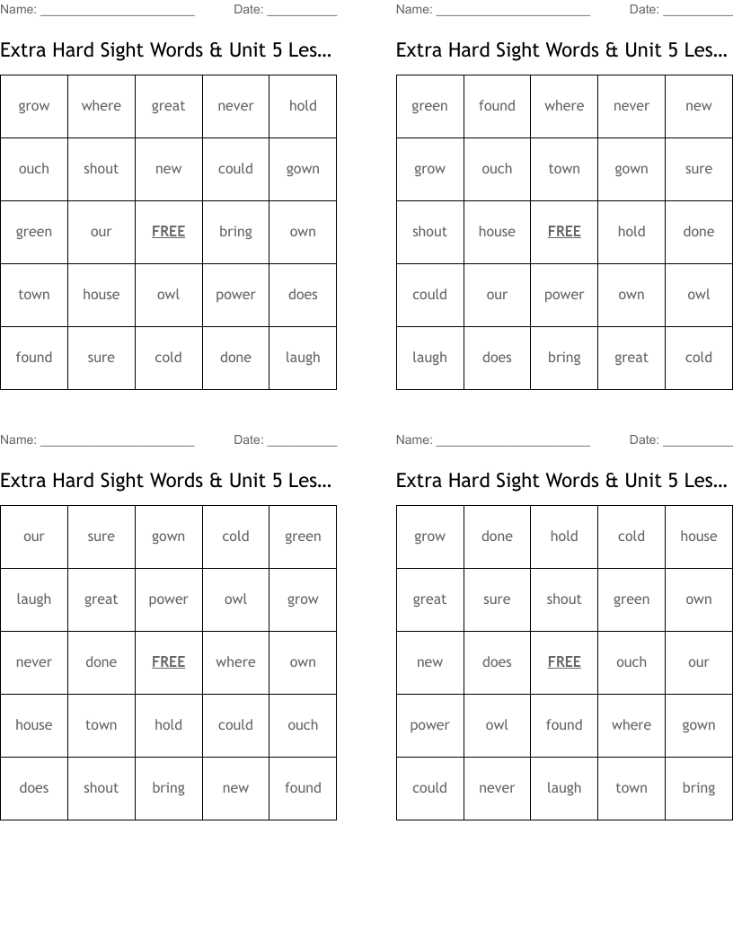 Extra Hard Sight Words & Unit 5 Lesson 25 spelling Bingo Cards