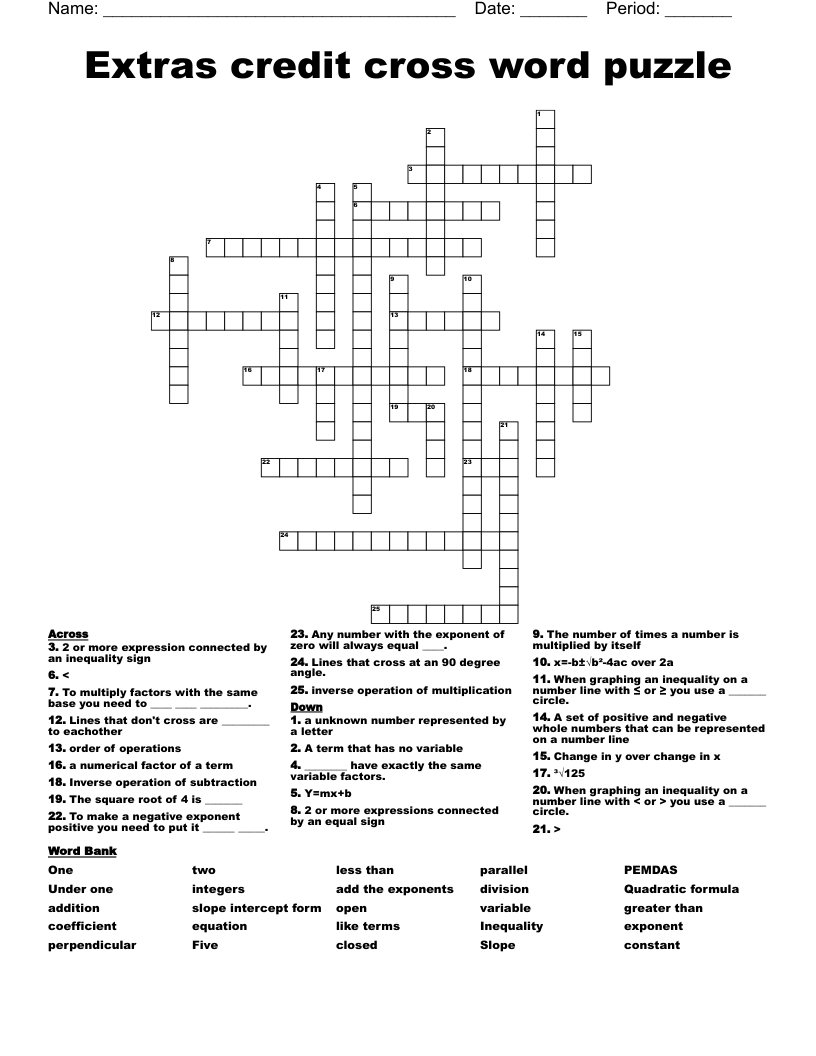 Extras credit cross word puzzle