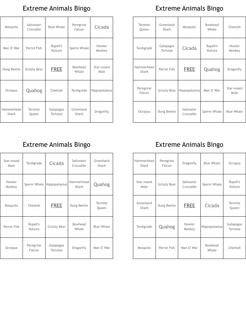 Extreme Animals Bingo