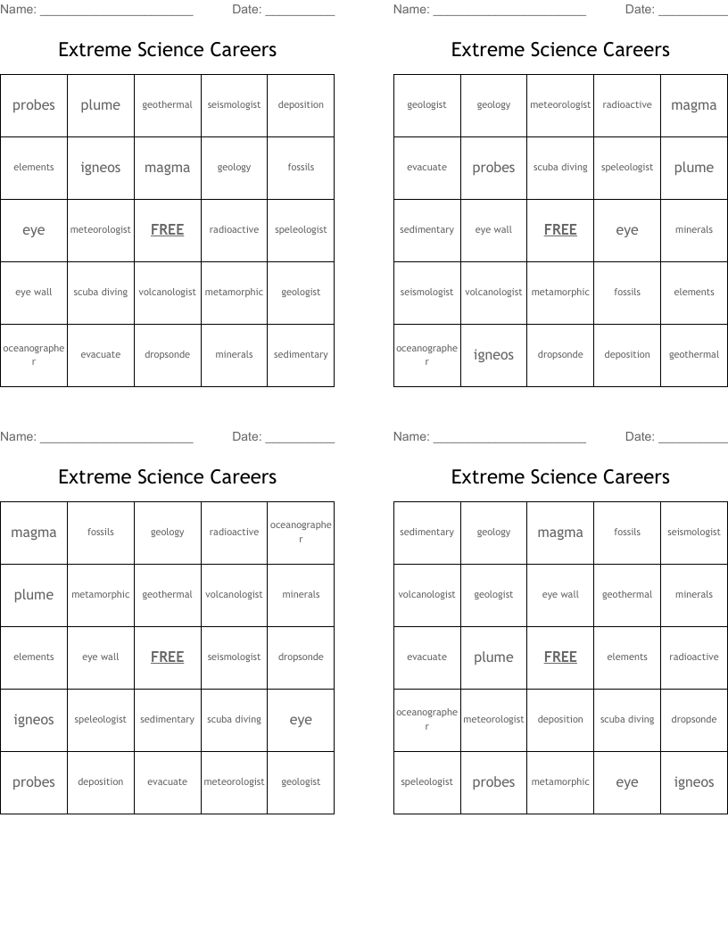 Extreme Science Careers Bingo Cards