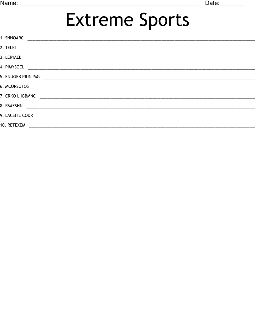 Extreme Sports Word Scramble