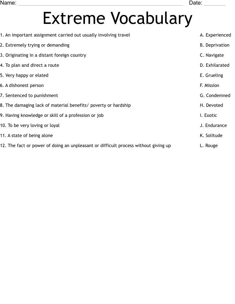 Extreme Vocabulary Worksheet