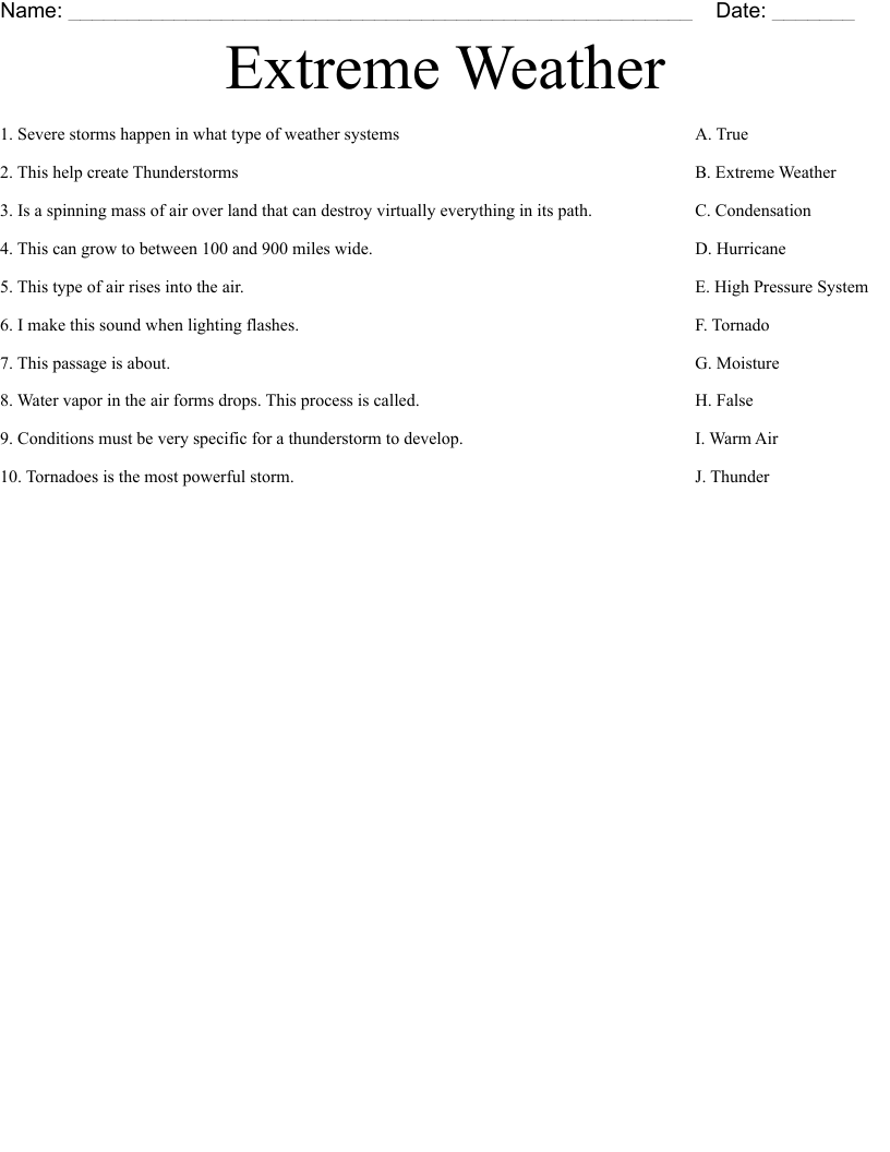 Extreme Weather Worksheet