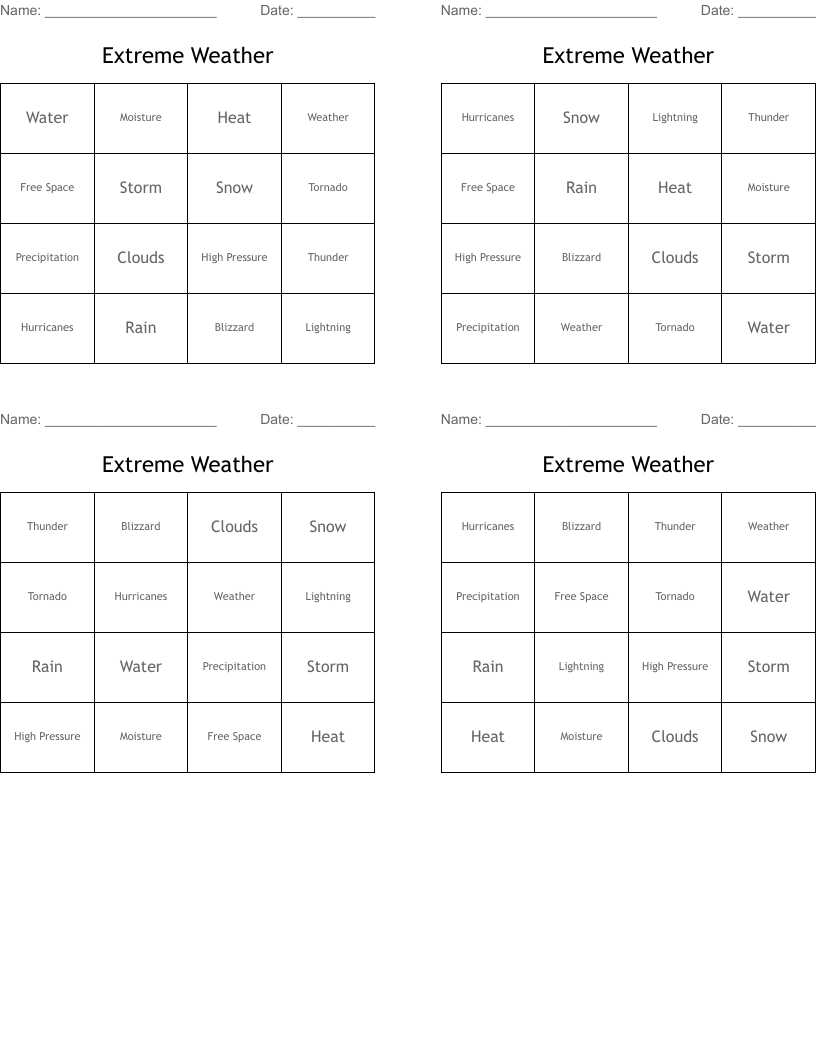 Extreme Weather Bingo Cards