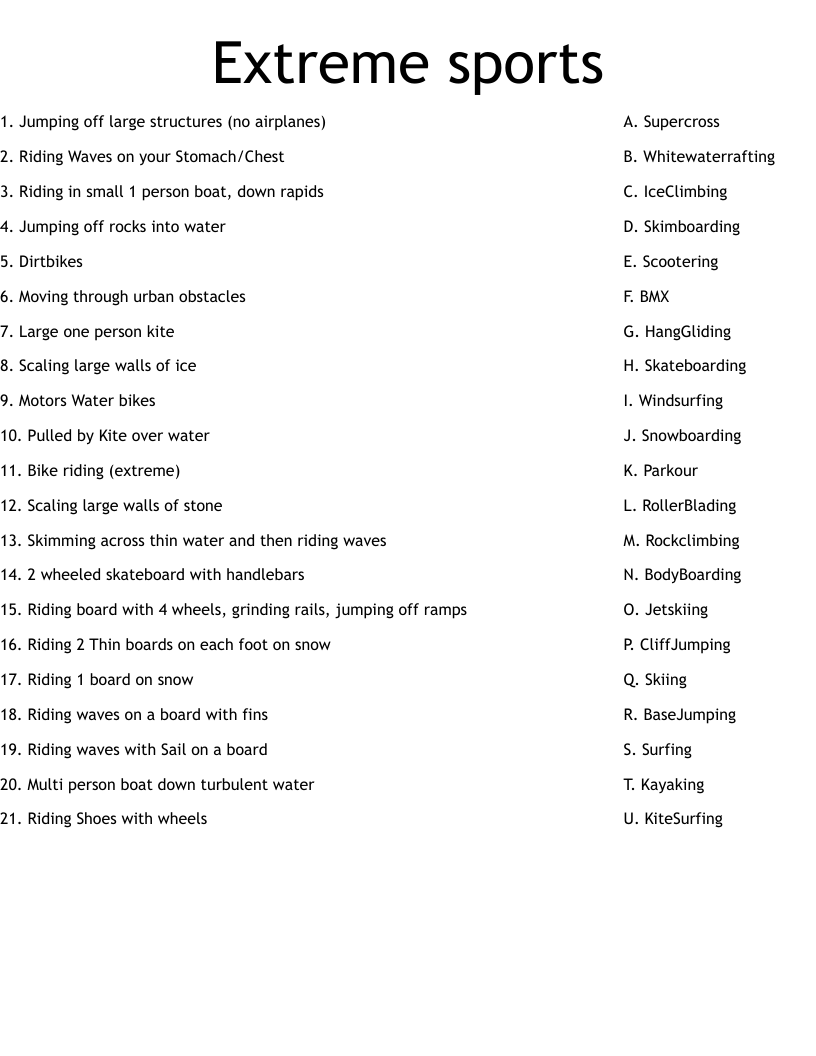 Extreme sports Worksheet