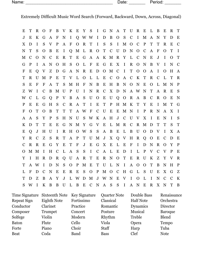 Extremely Difficult Music Word Search (Forward, Backward, Down, Across, Diagonal)