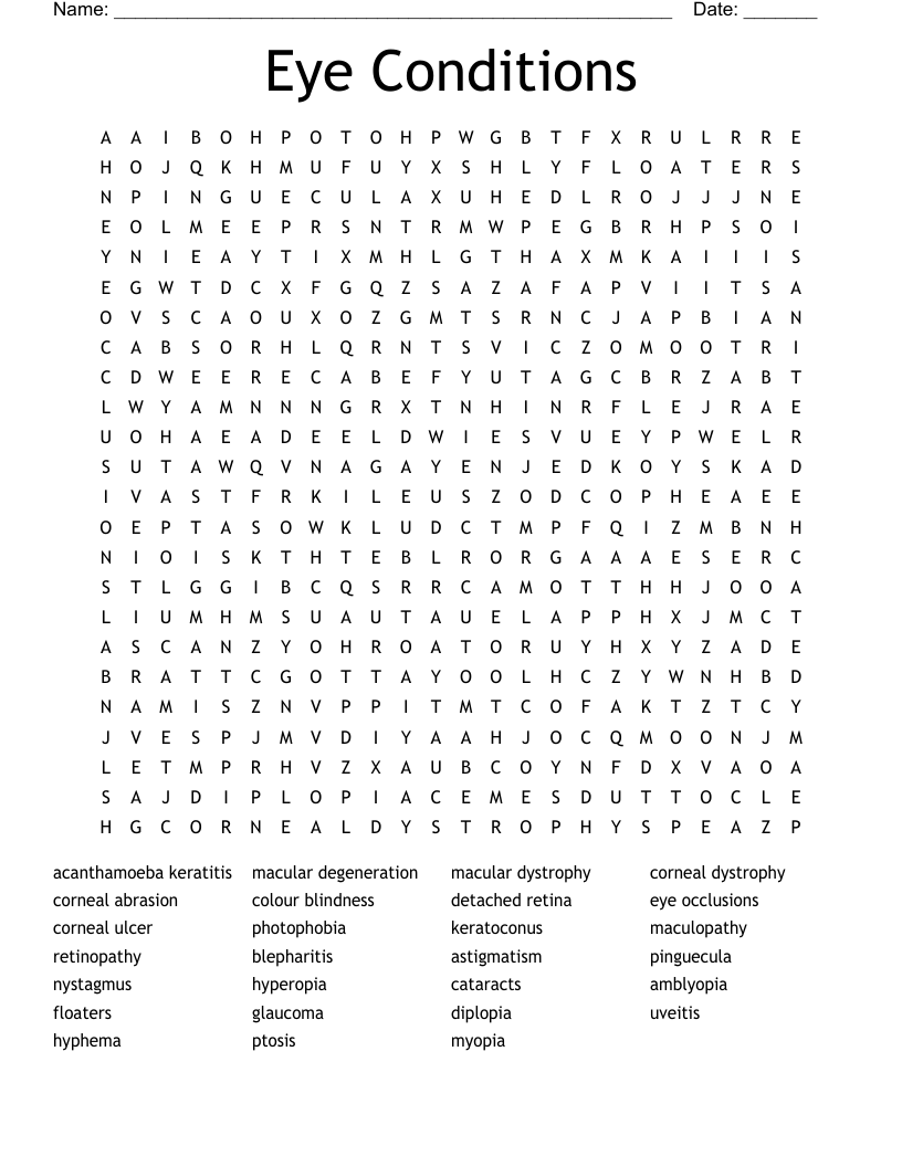Eye Conditions Word Search