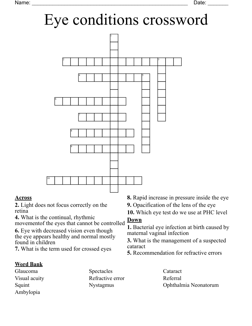 Eye conditions crossword