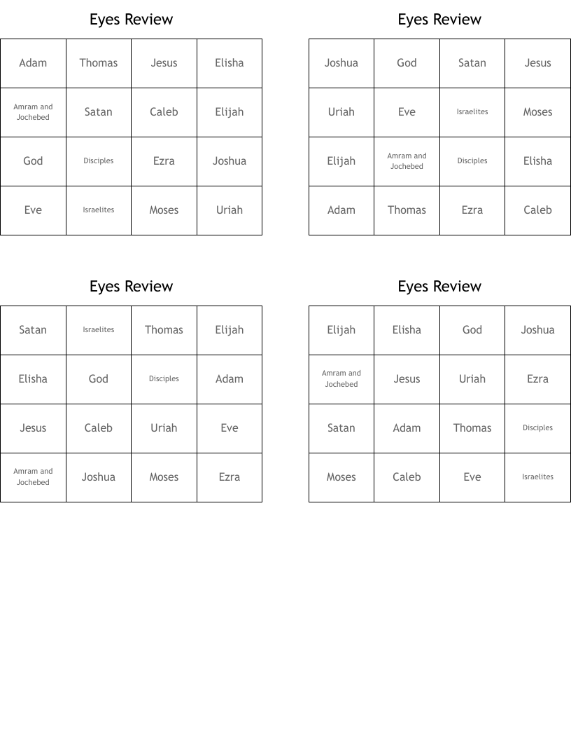 Eyes Review Bingo Cards