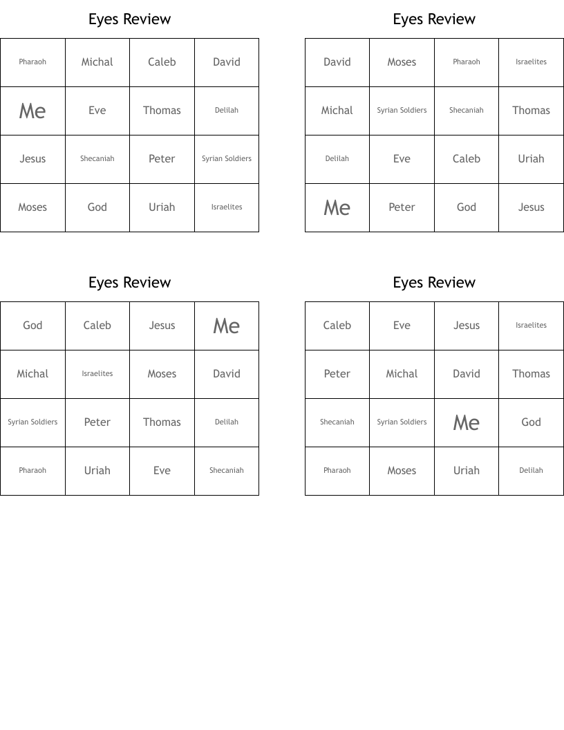 Eyes Review Bingo Cards