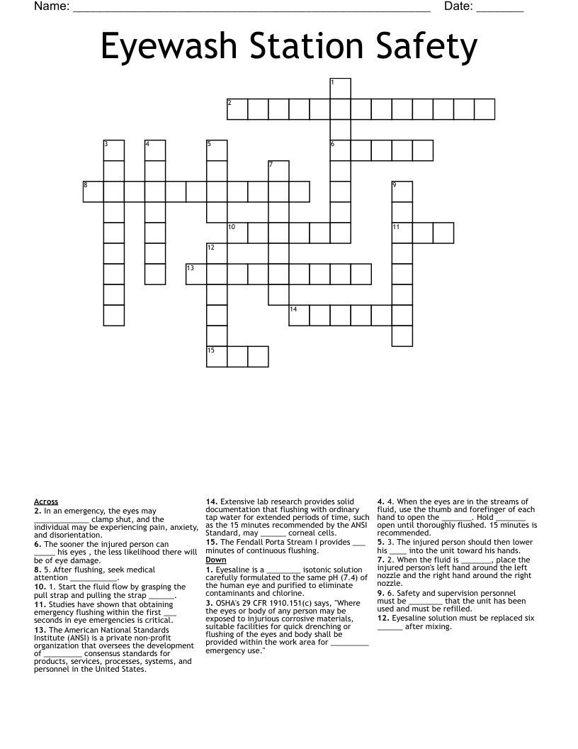 Eyewash Station Safety Crossword