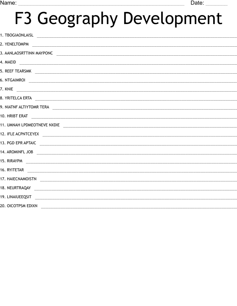 F3 Geography Development  Word Scramble