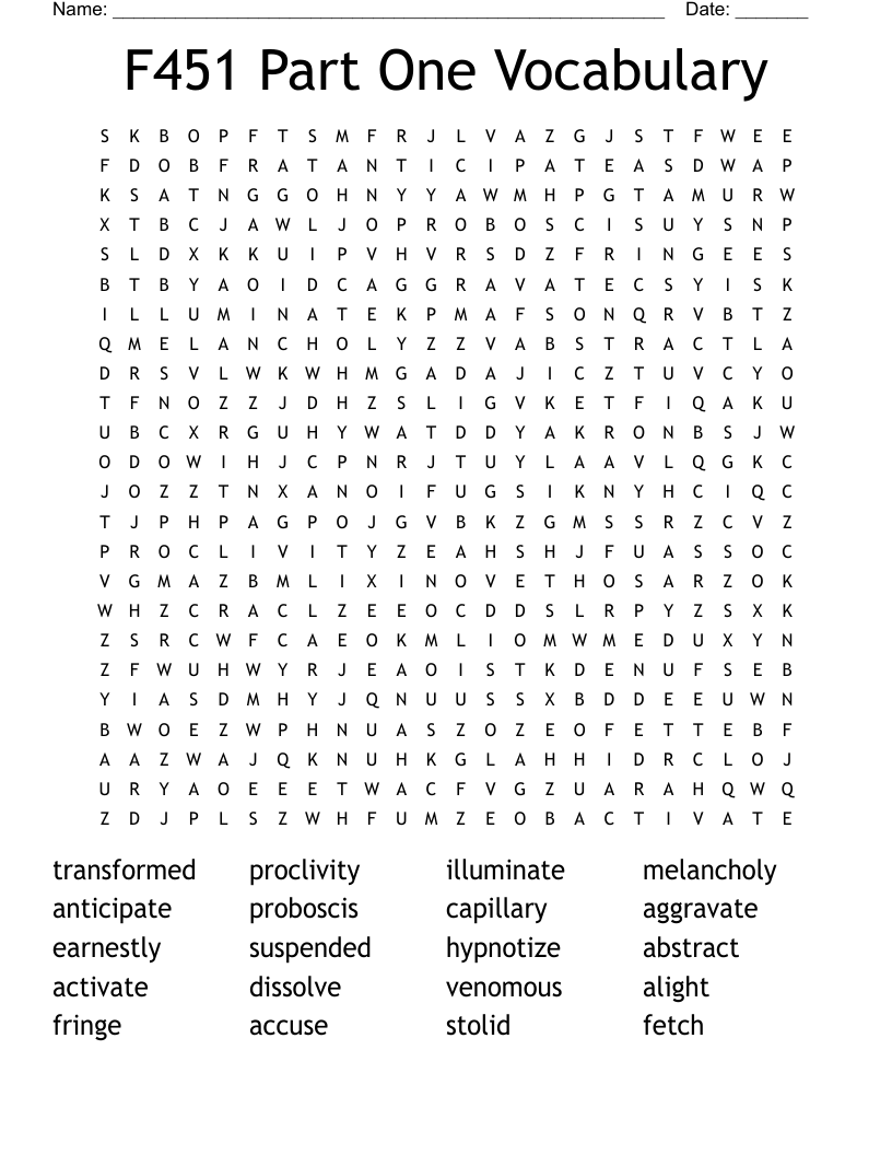 F451 Part One Vocabulary Word Search