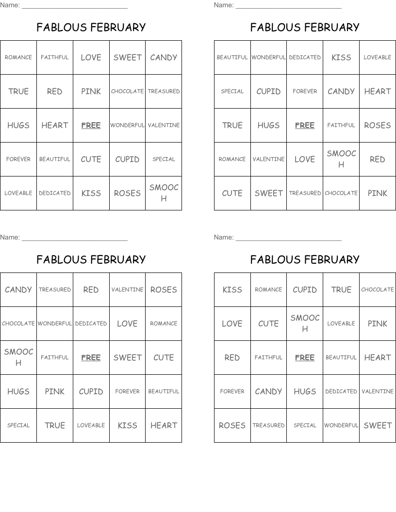 FABLOUS FEBRUARY Bingo Cards