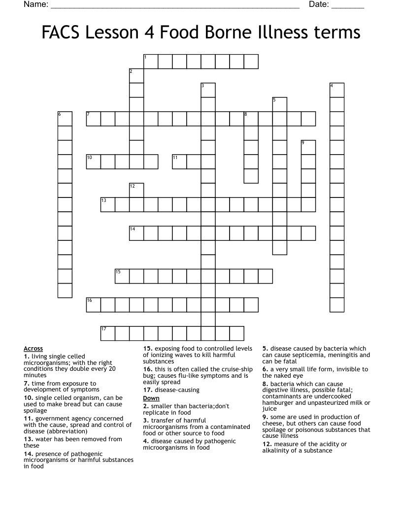 FACS Lesson 4 Food Borne Illness terms Crossword