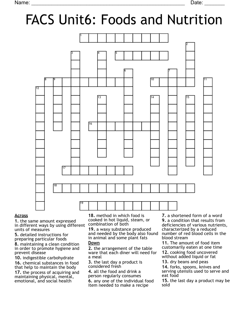FACS Unit6: Foods and Nutrition Crossword