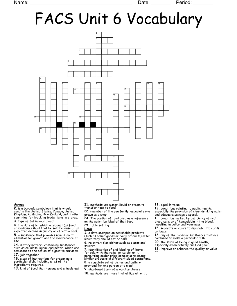FACS Unit 6 Vocabulary Crossword