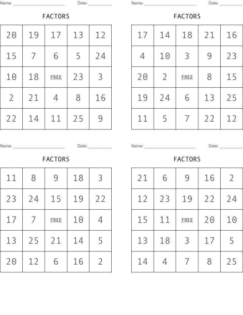 FACTORS Bingo Cards