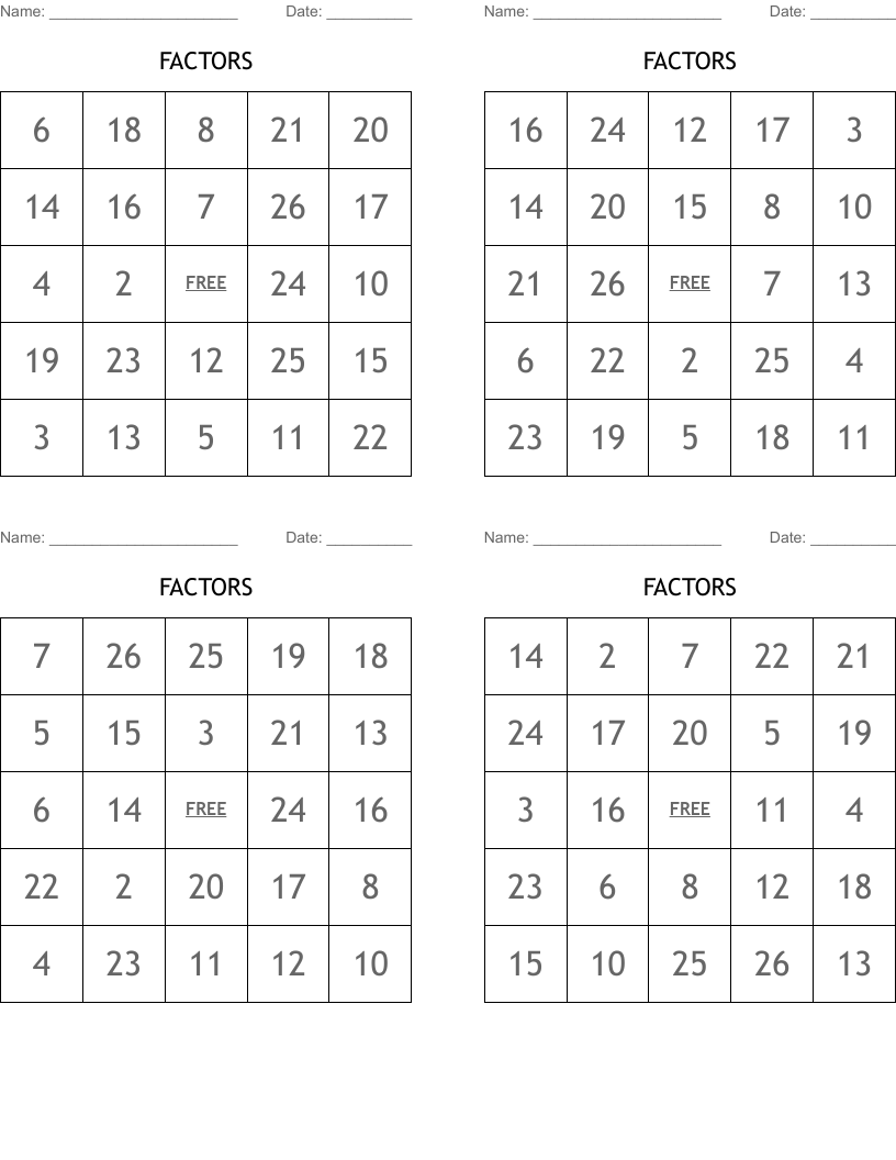 FACTORS Bingo Cards
