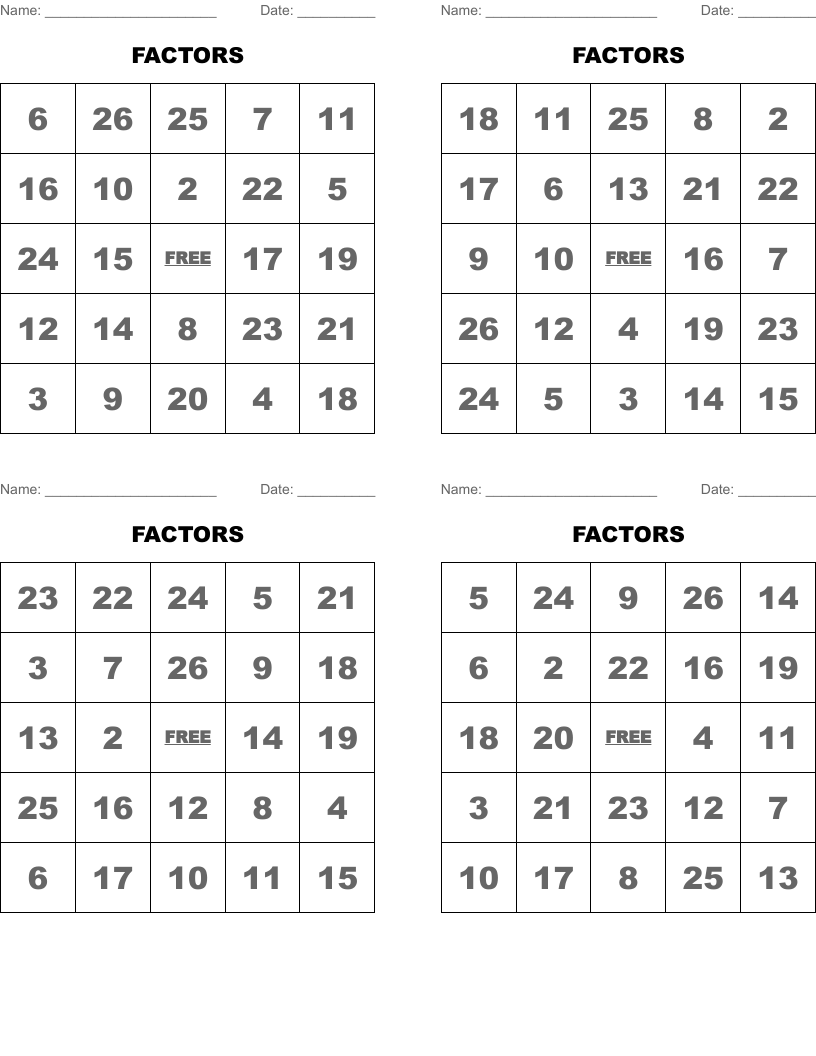 FACTORS Bingo Cards