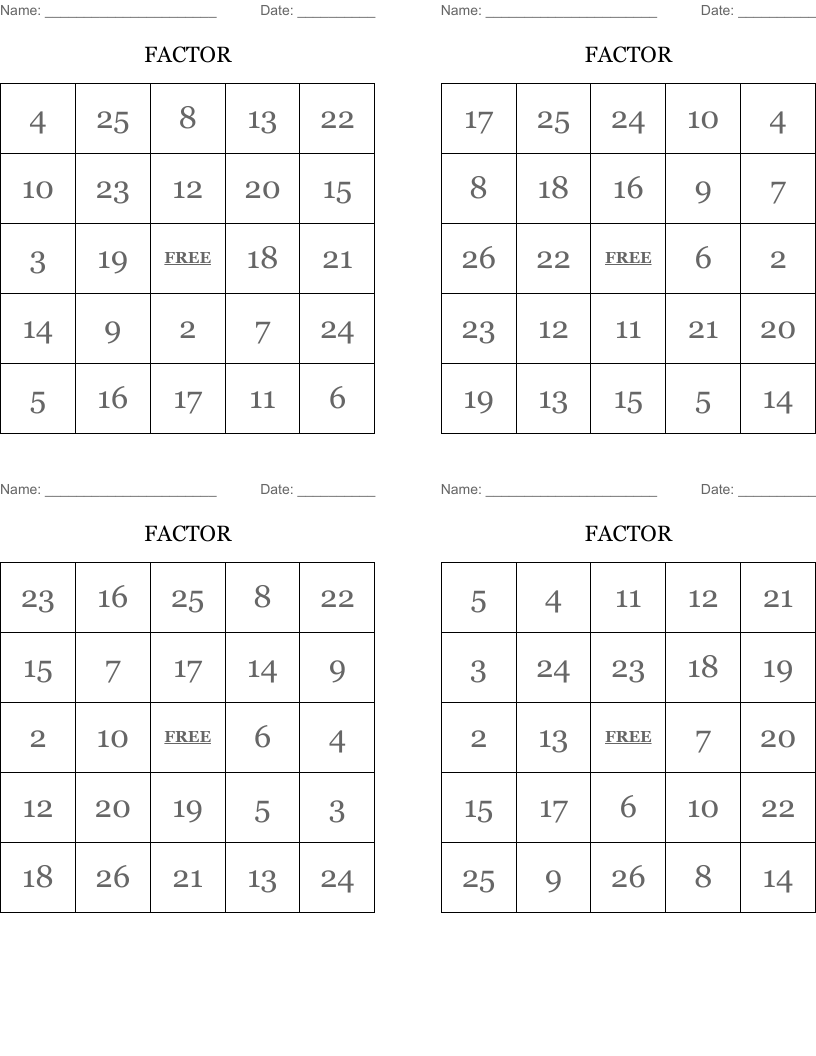 FACTOR Bingo Cards