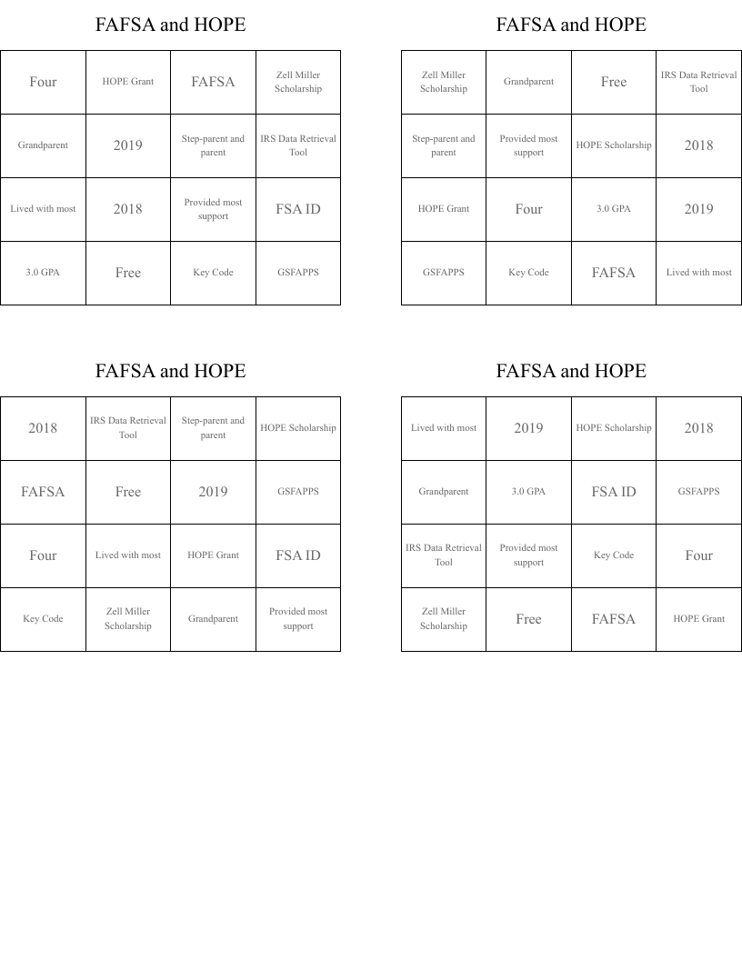FAFSA and HOPE Bingo Cards