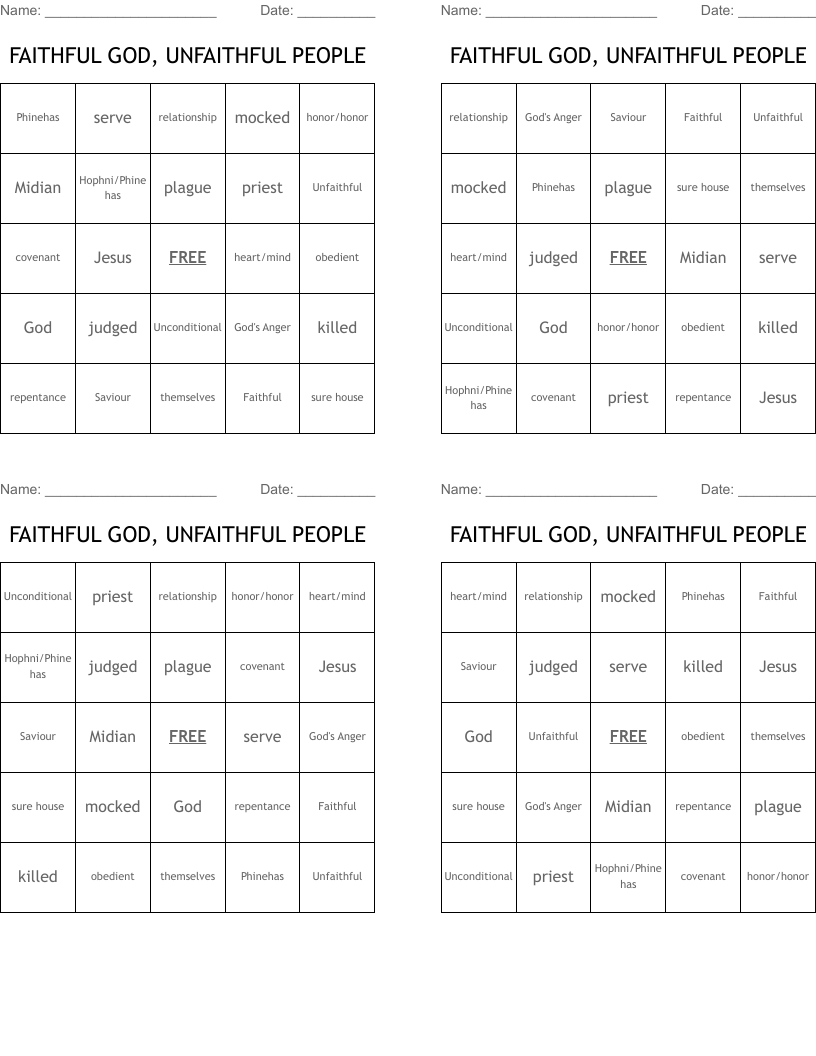 FAITHFUL GOD, UNFAITHFUL PEOPLE Bingo Cards